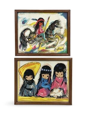 2 Ted De Grazia Vintage Framed Canvas Burlap Art Prints